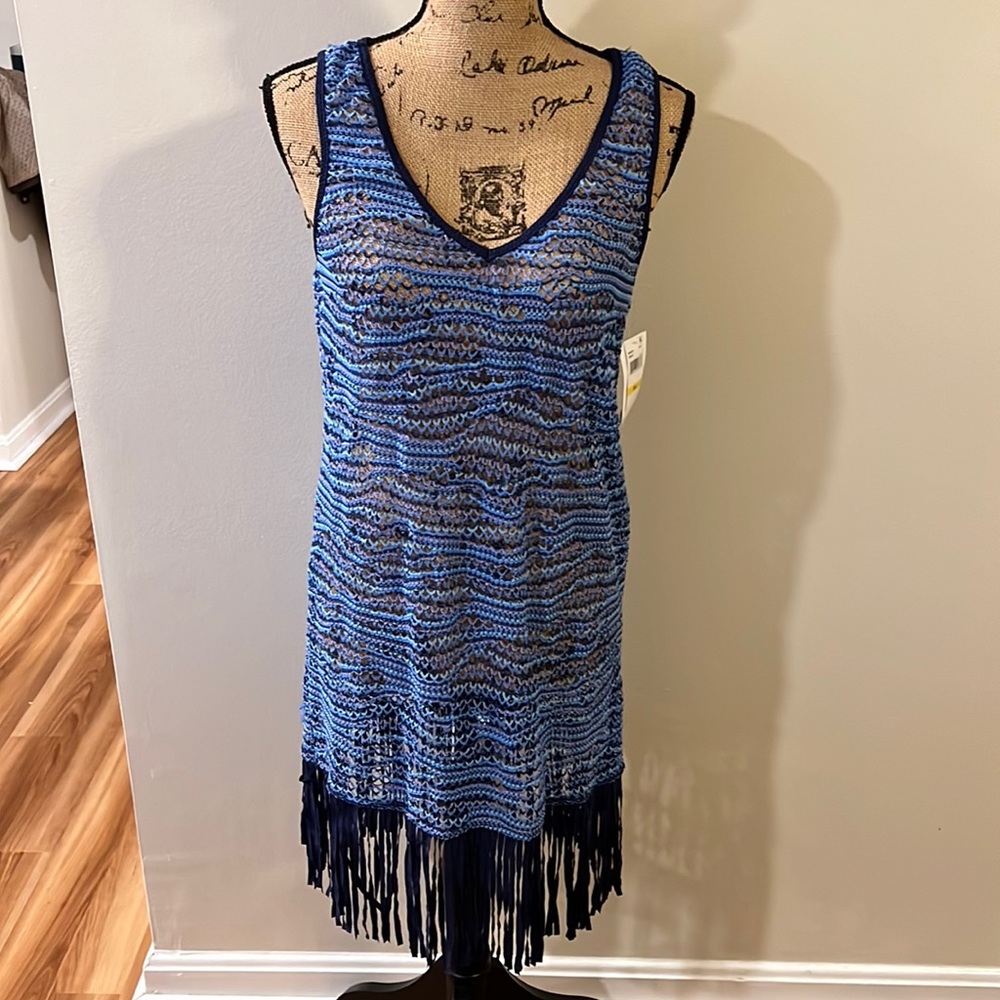 NWT Becca Crochet Fringe Navy Swim Cover Up